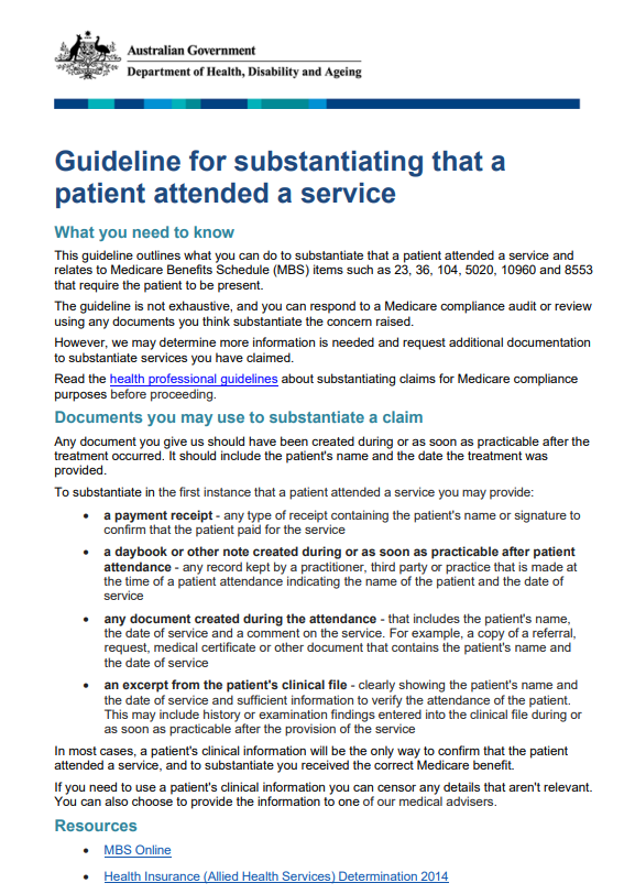 Cover page for the Guideline for substantiating that a patient attended a service