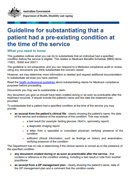 Cover page for the Guideline for substantiating that a  patient had a pre-existing condition at  the time of the service