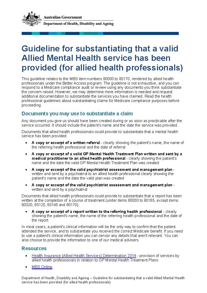Cover page for the Guideline for substantiating that a valid Allied Mental Health service has been provided (for allied health professionals)