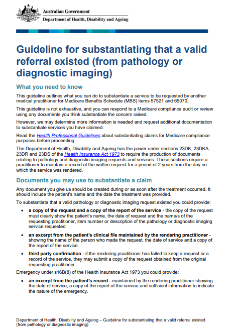 Cover page for the Guideline for substantiating that a valid referral existed (from pathology or diagnostic imaging).