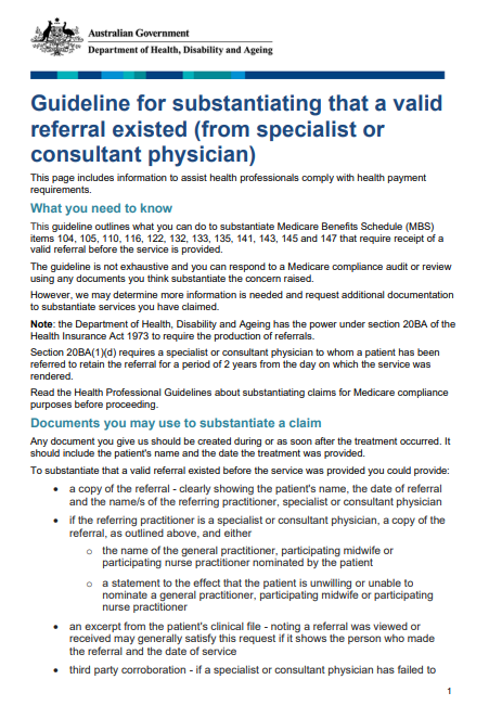 Cover page for the Guideline for substantiating that a valid referral existed (from specialist or consultant physician)