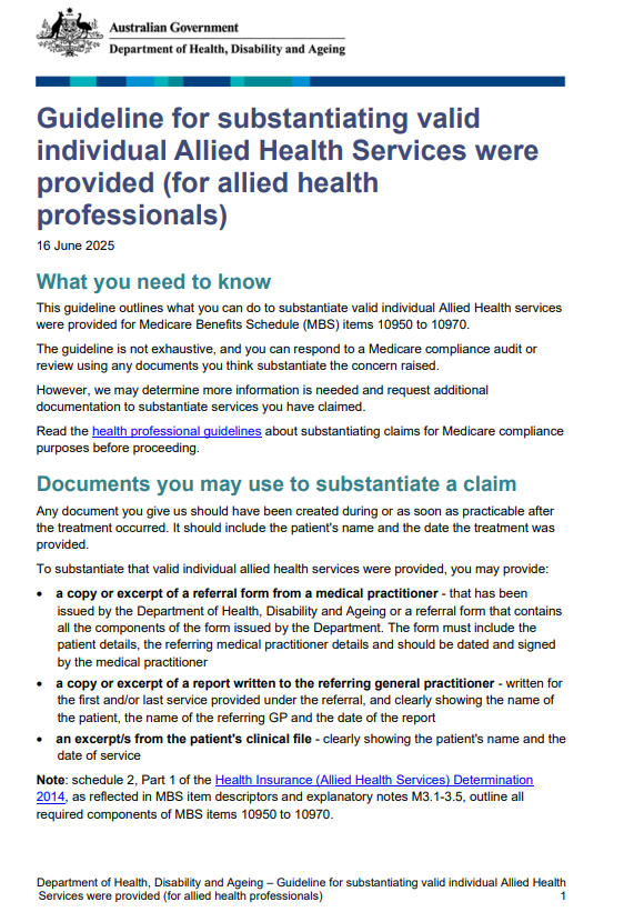 Cover page for the Guideline for substantiating valid individual Allied Health Services were provided