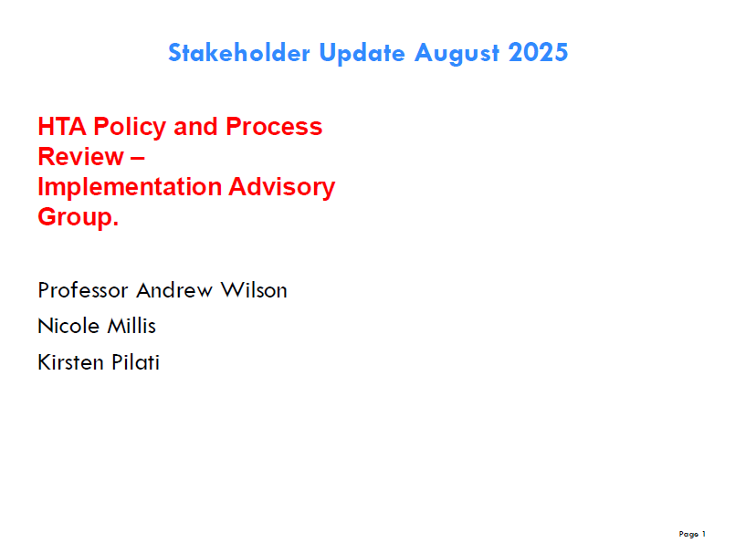 Cover page for the HTA Review IAG Consumer Webinar, August 2025 Presentation