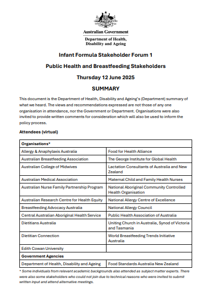 Cover page for the Infant Formula Stakeholder Forum 1
