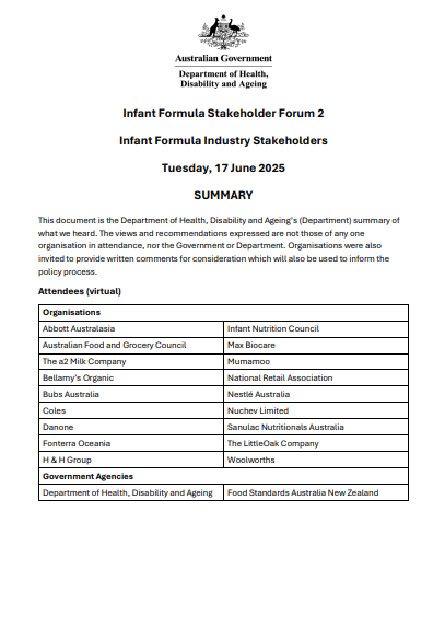 Cover page for the Infant Formula Stakeholder Forum 2