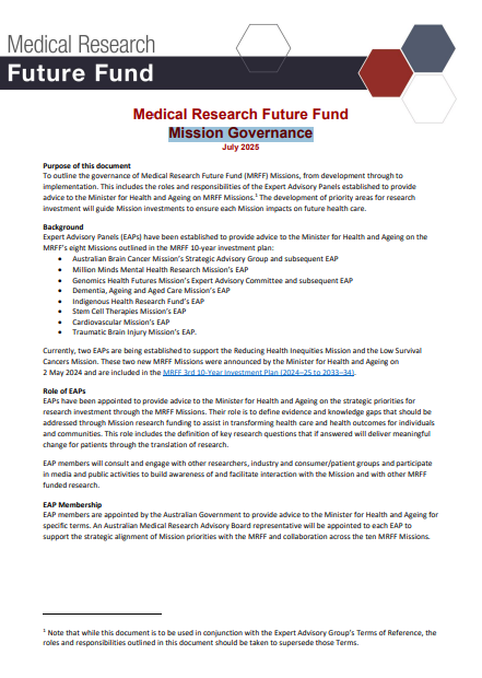 Cover page for the MRFF Mission Governance (July update)
