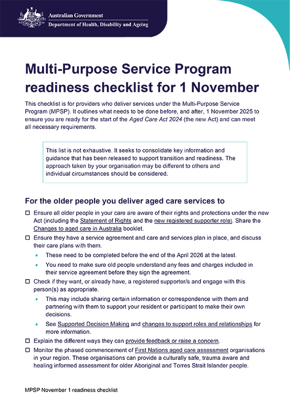Multi-Purpose Service Program readiness checklist for 1 November