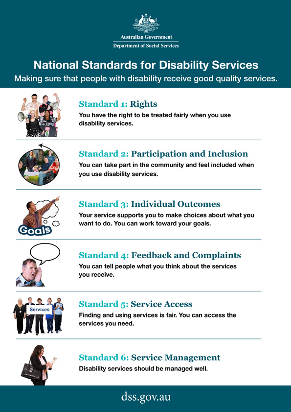 National Standards for Disability Services – consolidated standards 1 to 6 – Easy Read poster