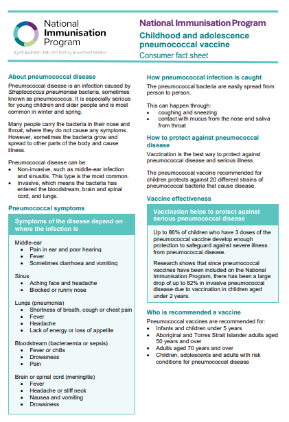 Childhood and adolescence pneumococcal vaccine consumer fact sheet cover page