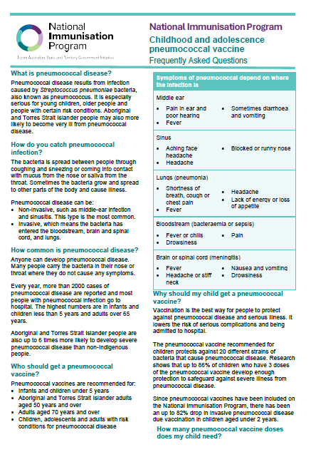 NIP childhood and adolescence pneumococcal vaccine Frequently Asked Questions cover page