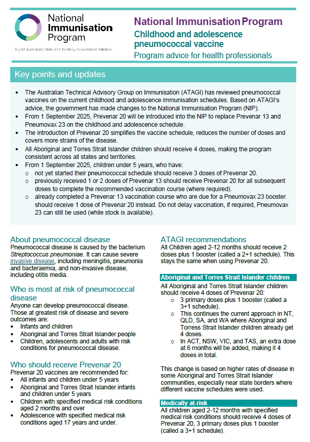 NIP childhood and adolescence pneumococcal vaccine provider advice for health professionals cover page
