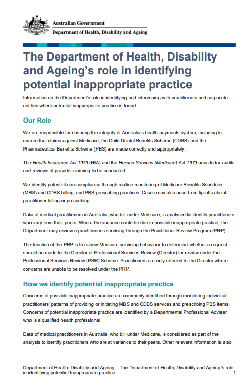 Cover page for the Our role in identifying potential inappropriate practice fact sheet