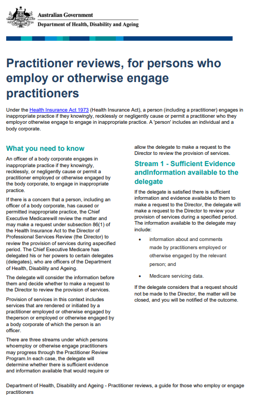 Cover page for the Practitioner review – a guide for those who employ or engage practitioners fact sheet