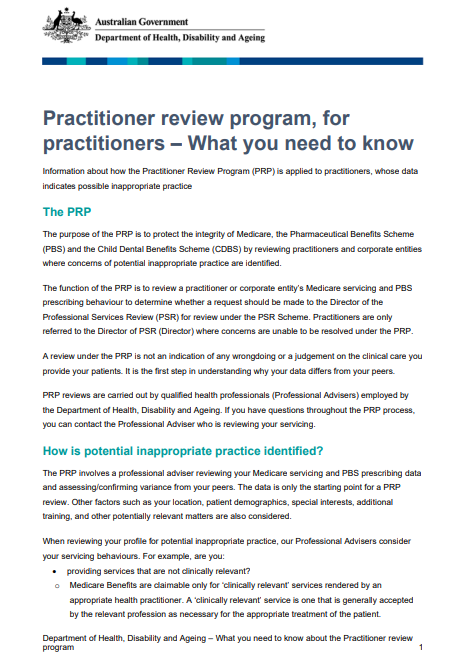Cover page for Practitioner Review Program, for practitioners – What you need to know fact sheet