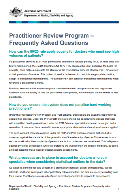 Cover page for the Practitioner Review Program – Frequently asked questions fact sheet