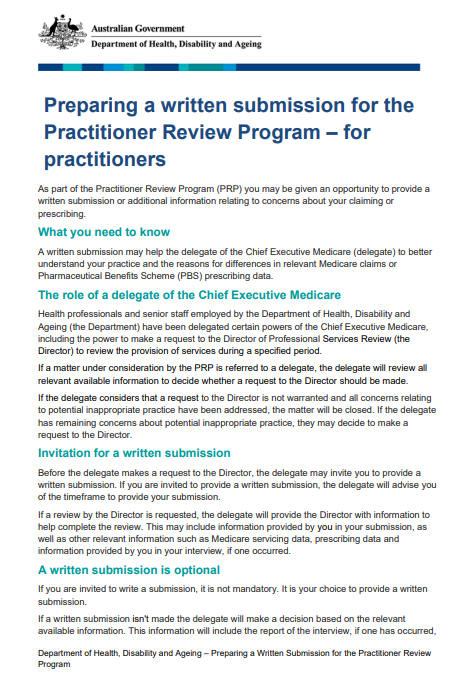Cover page for the Preparing a written submission for the Practitioner Review Program – for practitioners
