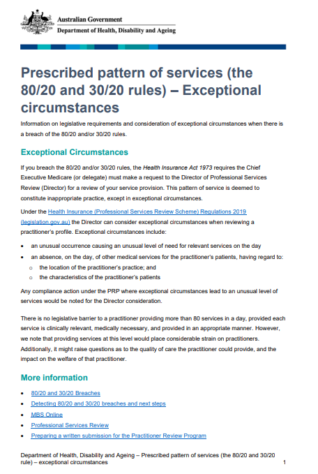 Cover page for the Prescribed pattern of services – Exceptional circumstances