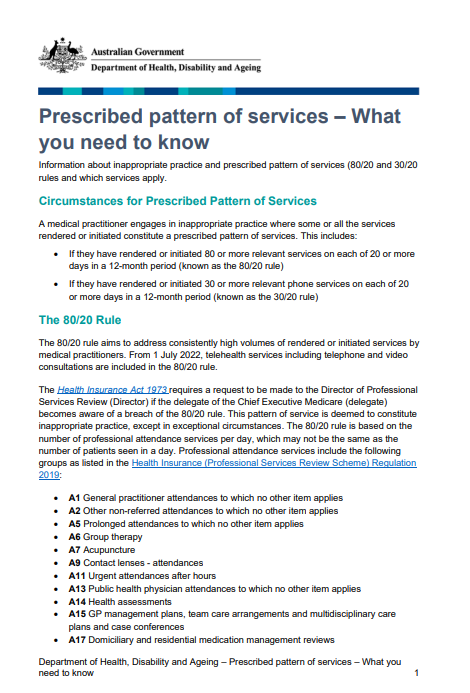 Cover page for the prescribed pattern of services