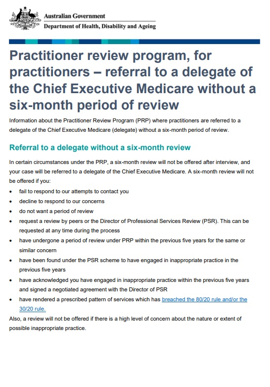 Cover page for the PRP for practitioners – Referral to the delegate without a 6-month review