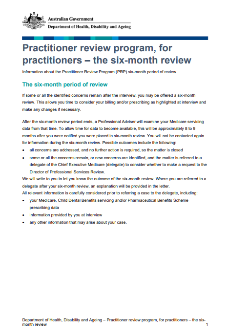 Cover page for the PRP for practitioners – The 6-month review