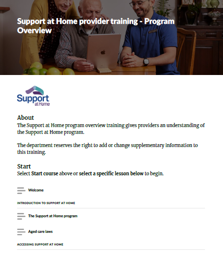 Cover page for the Support at Home provider training – Program Overview