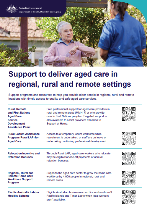 Cover page for the Support to deliver aged care in regional, rural and remote settings