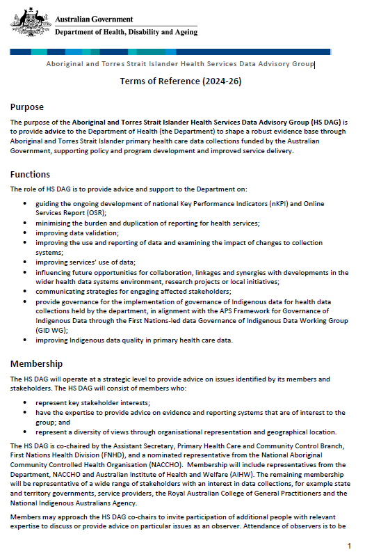 Aboriginal and Torres Strait Islander Health  Service date advisory group: Terms of reference cover page