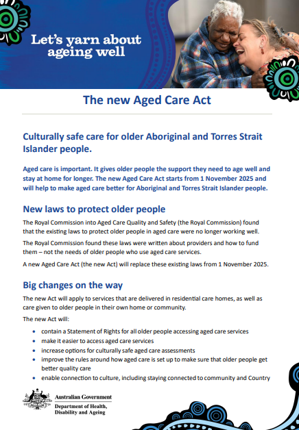 Cover page for the new Aged Care Act for older Aboriginal and Torres Strait Islander people fact sheet
