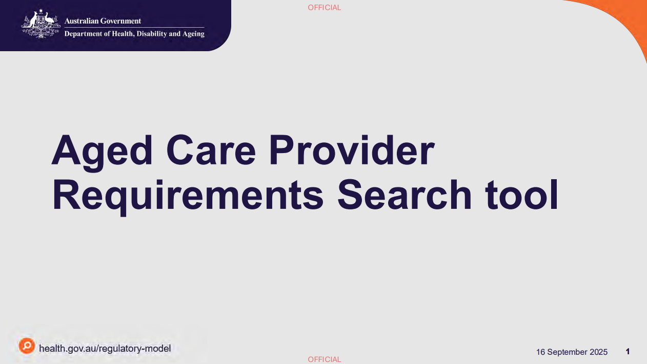Cover image for the Aged care provider requirements search tool presentation