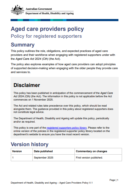 Aged care providers policy cover page