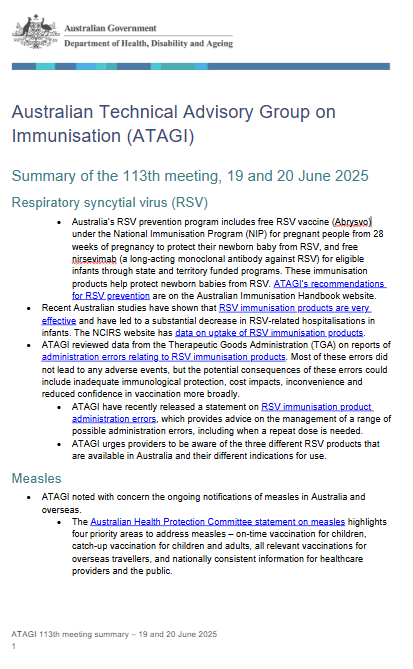 Cover page for the 113th ATAGI meeting bulletin