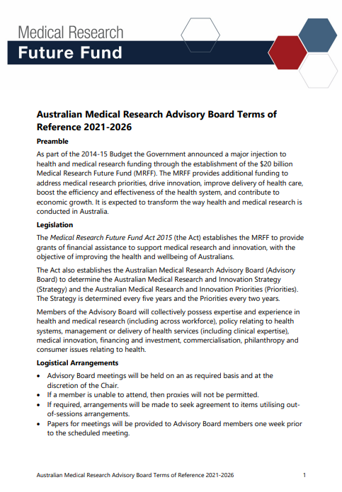 Cover image Australian Medical Research Advisory Board – Terms of reference