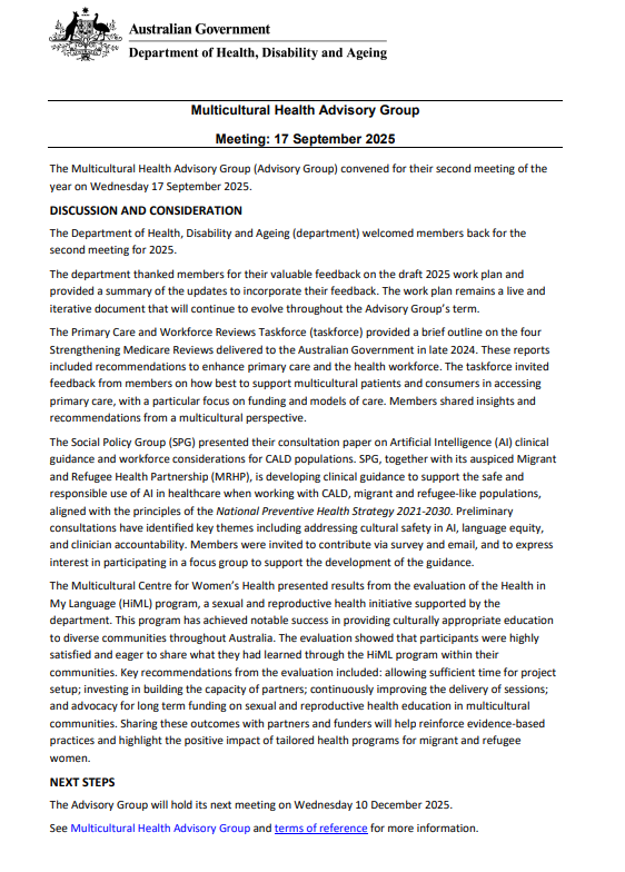 Cover page for the CALD Communities Health Advisory Group communique – 17 September 2025