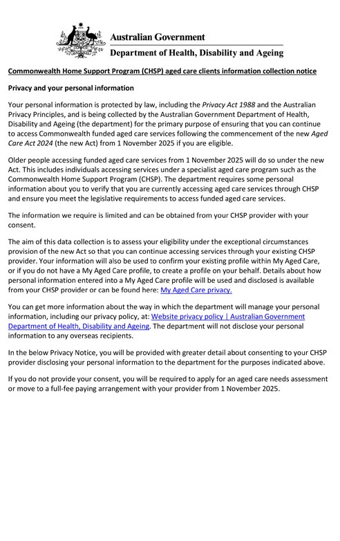 Commonwealth Home Support Program (CHSP) aged care clients information collection notice