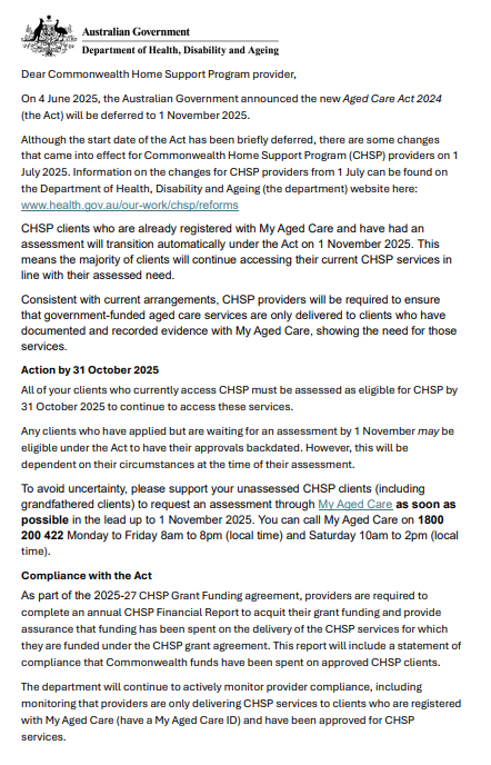 Commonwealth Home Support Program (CHSP) changes from 1 November 2025 – letter to providers 