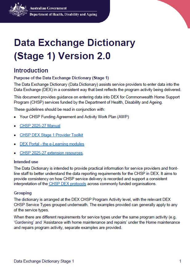 Cover page for Data Exchange Dictionary (Stage 1) v2.0