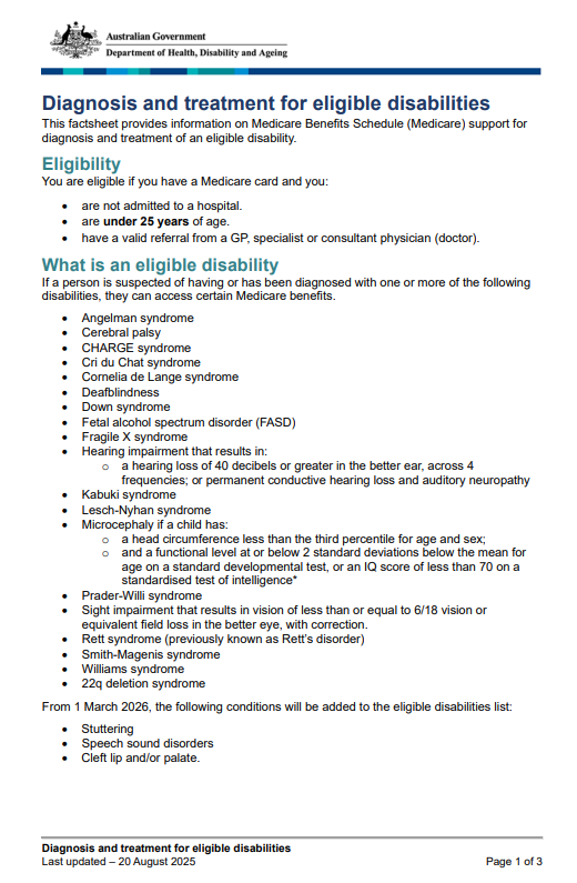 Diagnosis and treatment for eligible disabilities fact sheet