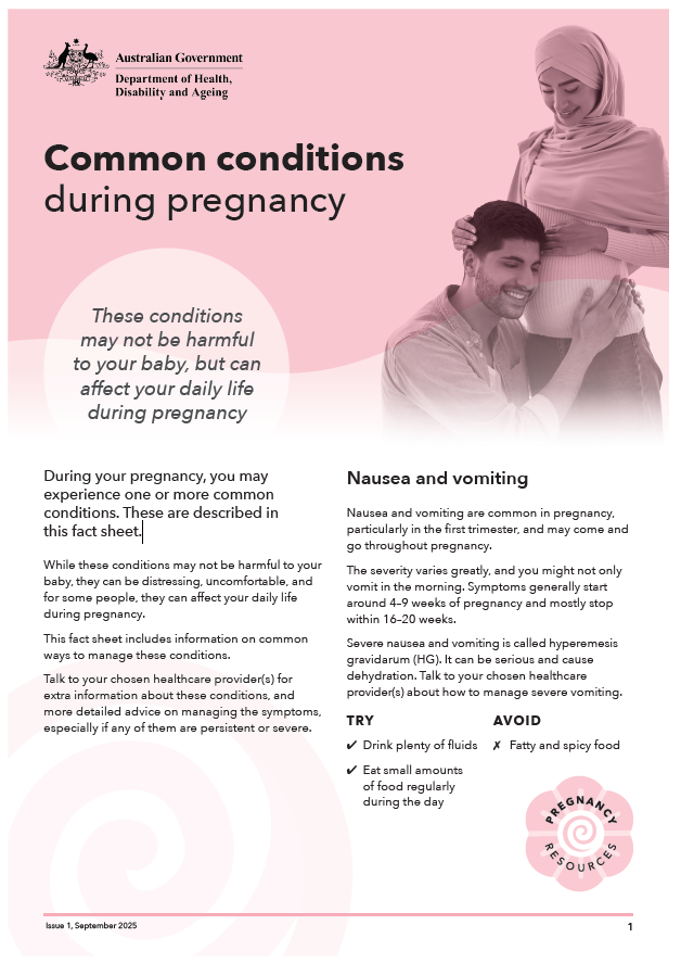 Cover image for the Common conditions during pregnancy fact sheet
