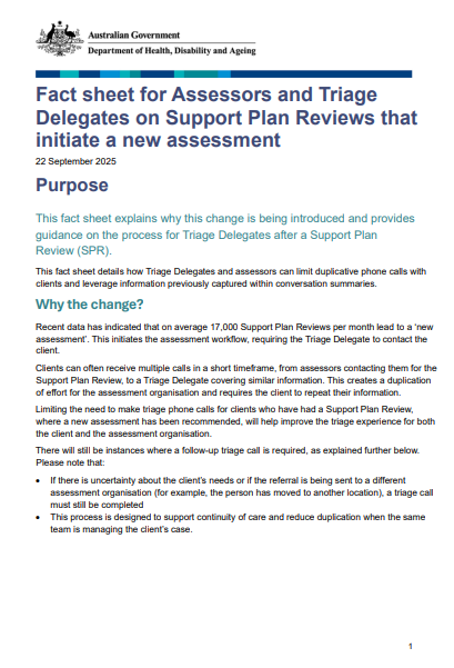 Fact sheet for Assessors and Triage Delegates on Support Plan Reviews that initiate a new assessment cover image