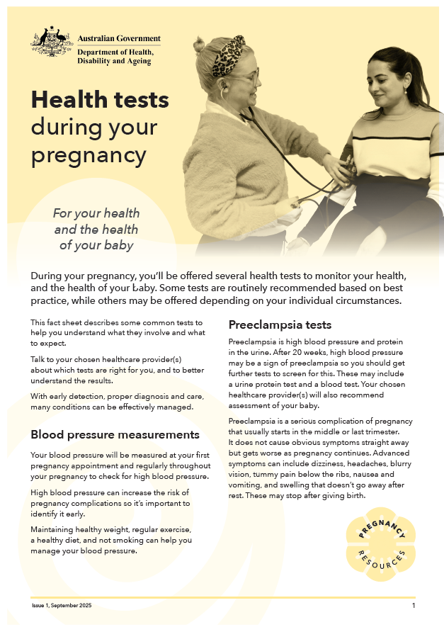 Cover page for Health tests during your pregnancy fact sheet