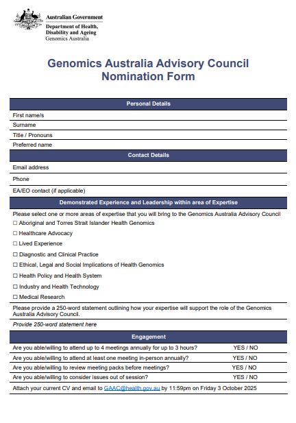 Cover image of the Genomics Australia Advisory Council Nomination Form