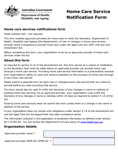 Home Care Package Notification form cover page