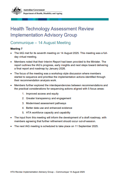 HTA Review Implementation Advisory Group communique – 14 August 2025 cover page