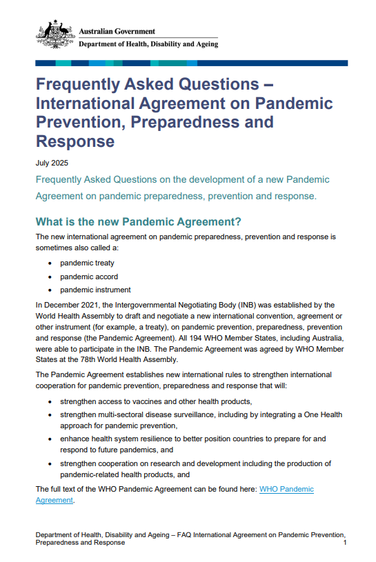 Cover page for the FAQ International Instrument on Pandemic Prevention, Preparedness and Response