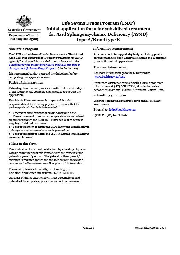 Thumbnail of form: Life Saving Drugs Program – Acid sphingomyelinase deficiency (ASMD) types A/B and B – Initial application