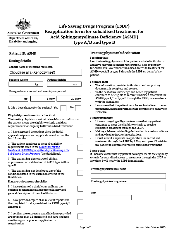 Thumbnail of form:Acid sphingomyelinase deficiency (ASMD) types A/B and B – Reapplication