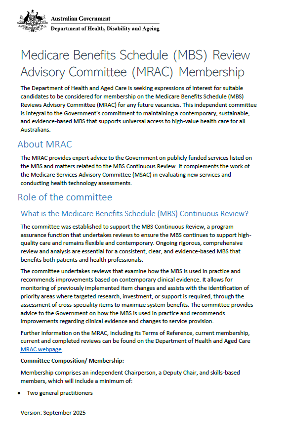 Medicare Benefits Schedule Review Advisory Committee – Terms of reference cover page