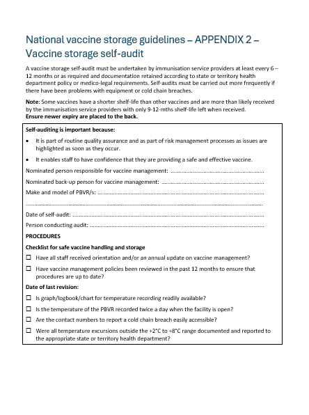 Cover page for the National vaccine storage guidelines – APPENDIX 2 – Vaccine storage self-audit