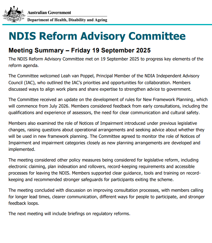 NDIS Reform Advisory Committee Meeting Summary – 19 September 2025 cover page