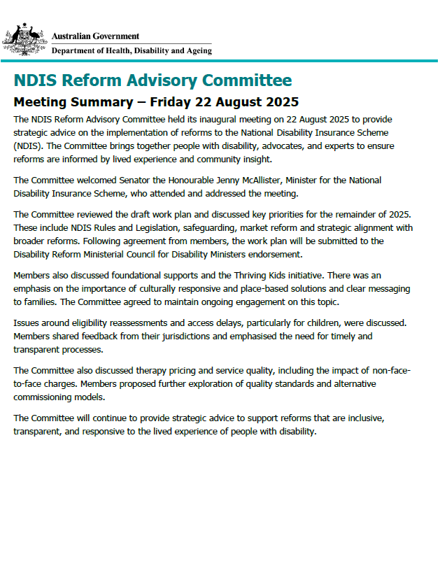 NDIS Reform Advisory Committee Meeting Summary – 22 August 2025 cover page